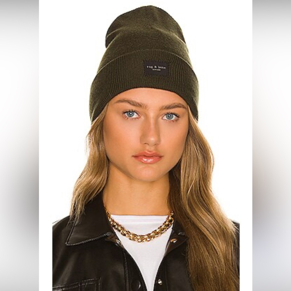 Rag & Bone Addison Logo Patch Olive Green Rib Knit Wool Beanie Hat NWT Unisex